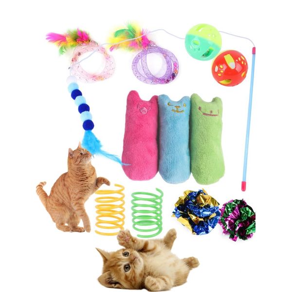 DERDOUT 12 Pcs Cat Toys for Indoor Cats Kitten Plush Catnip Toy Cat Teeth Cleaning Toys Interactive Cat Feather Teaser Wand Spring Toy nteractive Kitten Cat Feather Wand Toys 12Pcs Cat Teaser Toys