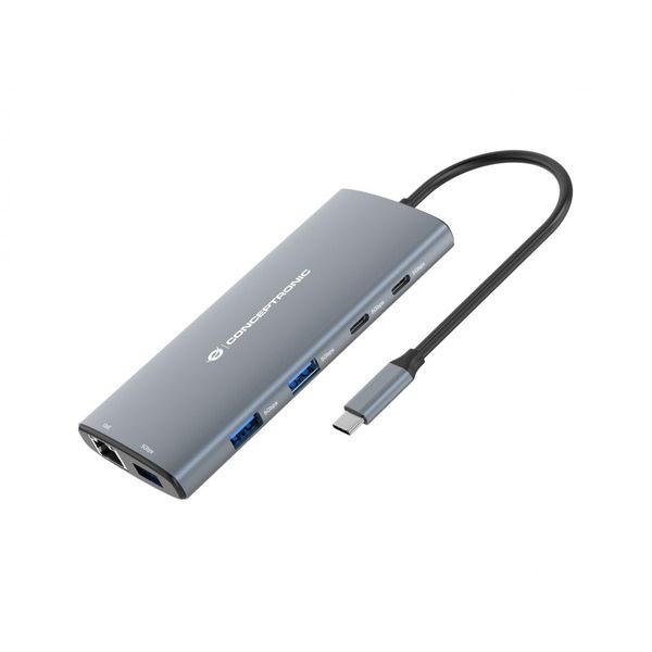 CONCEPTRONIC DONN06G 10-in-1 USB 3.2 Gen 1 Docking Station, HDMI, 100W USB PD, USB-C 5Gbps x 2, USB-A 5Gbps x 3, SD, TF/MicroSD, GbE