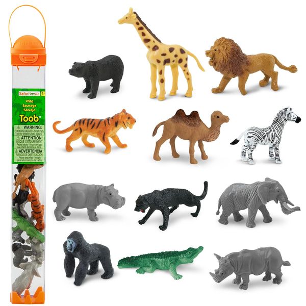 Safari Ltd. Wild TOOB - 12 Mini Figurines: Giraffe, Bear, Tiger, Camel, Lion, Crocodile, Gorilla, Hippo, Rhino, Zebra, Panther, Elephant - Educational Toy Figures For Boys, Girls & Kids Ages 3+