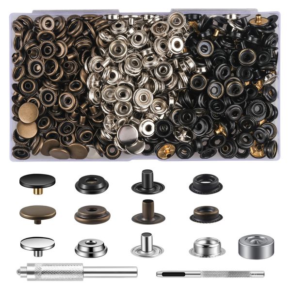 105 Sätze Druckknöpfe Set, Bronzed+Silber+Schwarz Button Werkzeug Metall Fastener Druckknopf Schraubbar Edelstahl Muttern und Bolzen Set für Kleidung Leder Handwerk Jacke Brieftasche(420 Stück)