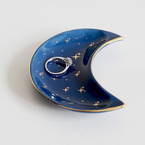 BIHOIB Small Moon Jewelry Dish Tray, Decorative Ceramic Trinket Dish, Modern Accent Tray for Vanity, Blue