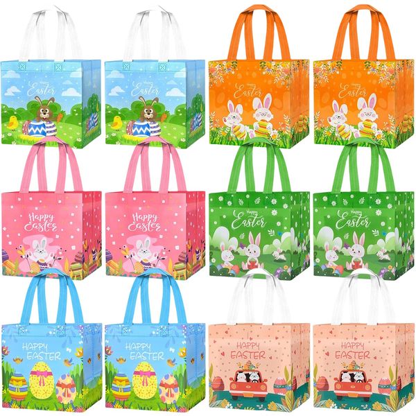 Easter Bags, Easter Decorations, 12 PCS Easter Egg Hunt Easter Gift Bags, Reusable Easter Gift Bag with Handles, Easter Basket for Easter Holiday Spring Party Supplies, Easter Egg Hunt Games