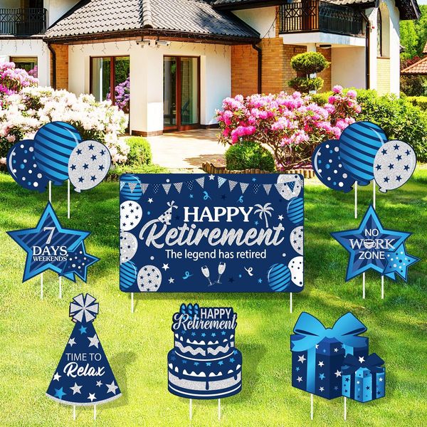 Yulejo 8 Pieces Retirement Yard Sign Decorations Happy Retirement Yard Signs Retirement lawn Sign with Stakes for Outdoor Retirement Party Supplies 16inch (Blue and Silver)