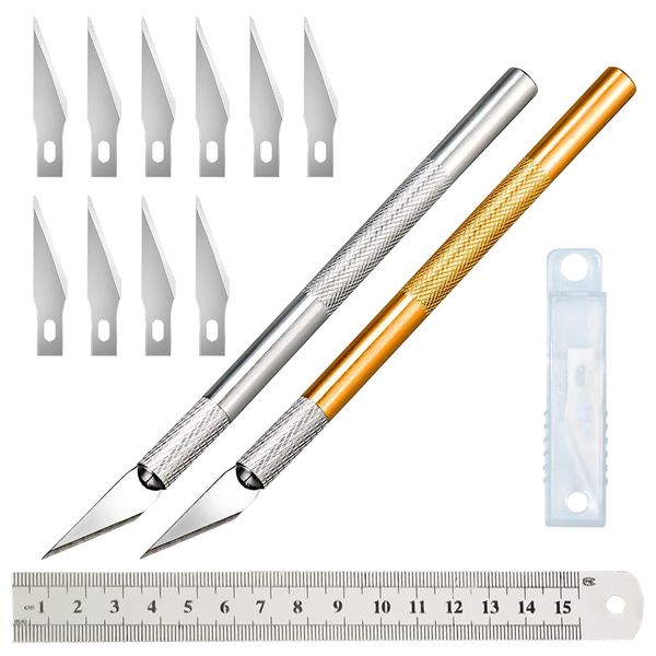 Exacto Knife Kit Craft Knife 2 Handles + 12 Spare Replacement + Ruler Craft Knife Blades Precision Knife Hobby Knife Carving Craft Knives Set for DIY Art Paper Cutting Engraving PCB Repair Modeling