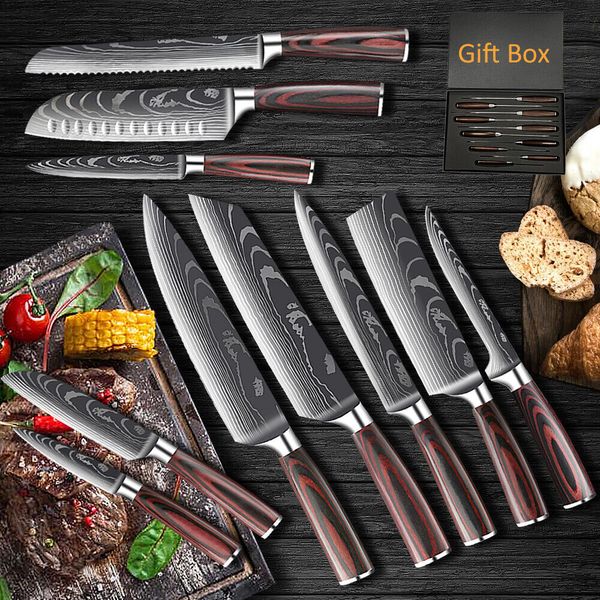10PCS Kitchen Chef Knife Set Stainless Steel Damascus Pattern Professional+ Box
