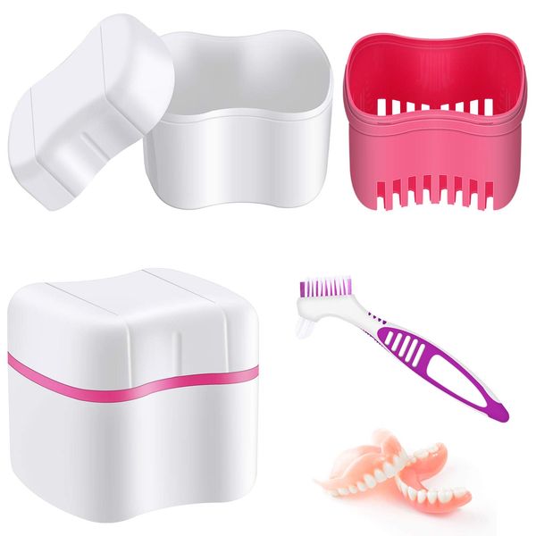 Denture Bath Case with Denture Cleaner Brush Denture Toothbrush, Denture Cup Denture Box Bath Denture Container with Basket Denture Holder Denture Brush Retainer for Travel Retainer Cleaning (Red)