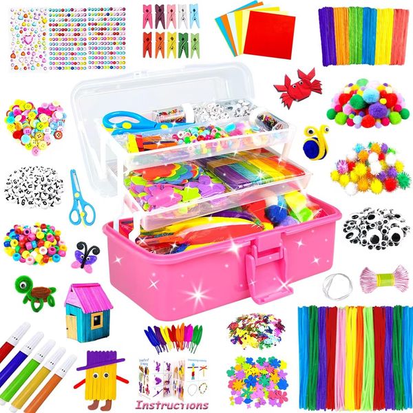 3000 Arts and Crafts Supplies for Kids Craft Kit All in 3 Layered Craft Box with Pipe Cleaners Crafts for Kids Age 4-6, 6-8, 8-12 DIY School Supplies Materials Set Toys Gifts for Girls Boys, Red