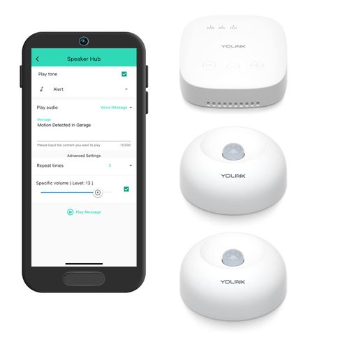 YoLink SpeakerHub & Two Motion Sensor Smart Home and Security Kit – Audio Hub Plays Tones/Sounds, Spoken Messages, LoRa-Powered ¼ Mile Range, WiFi Required