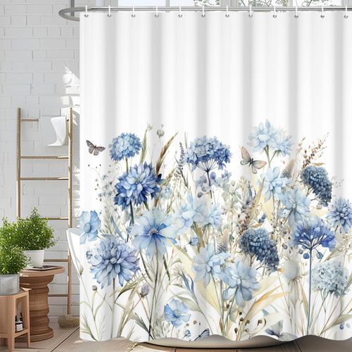 Velaequezii Blue Floral Blossom Shower Curtain Watercolor Hydrangea Flower Printed Bath Curtain Waterproof Washable Fabric Bathroom Bathtub Decor Shower Curtain Set with Hooks 72x72 Inch