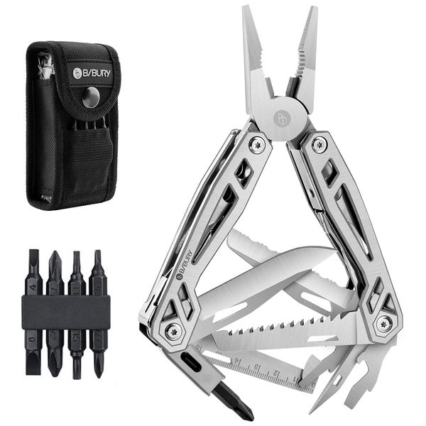 BIBURY Multi-Tool, 21 in 1 Multitools Pliers with Rope Cutter, Can Opener, Screwdriver, EDC Tools for Camping, Outdoor Activities, Repairing (Shiny)