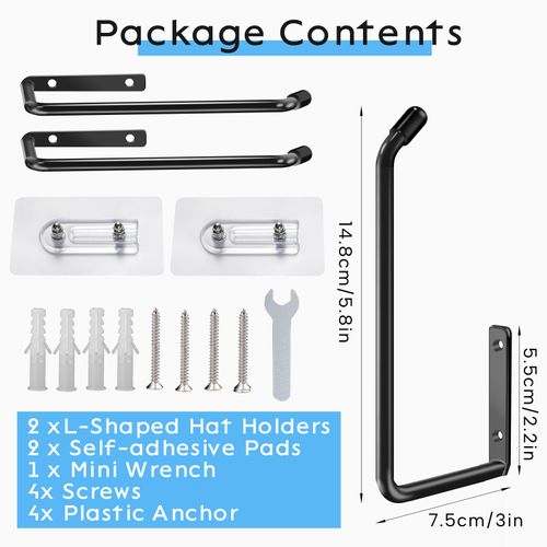 Hat Hooks for Wall, 2Pcs Hat Storage 5.91'' L-Shape Cap Holder for Wall Closet Door Bedroom Storage Hat Stand,Self-adhesive Hat Racks are Available in a Variety of Mounting Options, Black