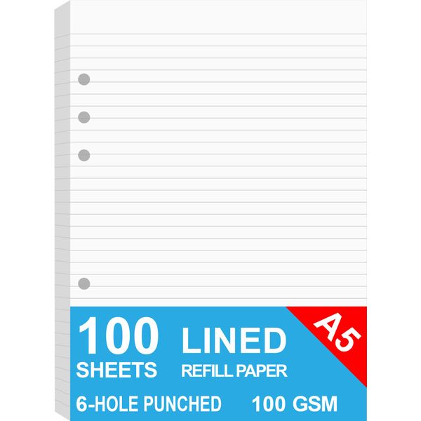 A5 Lined Refills Paper for Filofax Planner/Binders/Organizer, 6 Hole Punched Loose Leaf Paper, 100 Sheets/200 Pages, 100gsm, White, 148 x 210mm