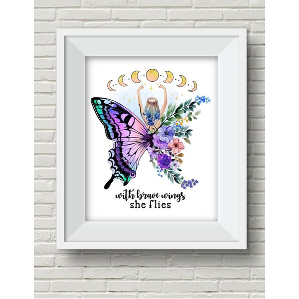 With Brave Wings She Flies Butterfly Fairy Suicide Awareness UNFRAMED Art Print