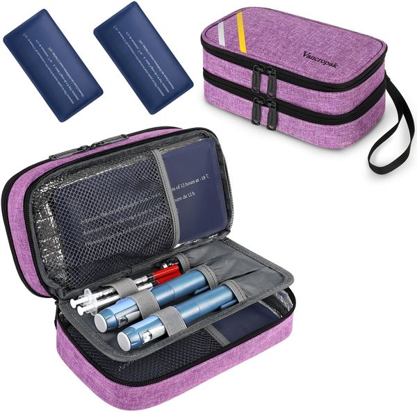 Vancropak Diabetic Travel Case, Double Layer Insulin Cooler Travel Case for Women with 2 Ice Packs, Diabetic Supplies Pen Case with Medication Storage for Insulin Pens, Blood Glucose Meter, Purple