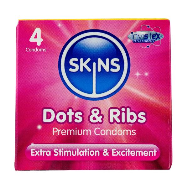Skins Dots and Ribs Textured Premium Condoms Multipack, No Latex Smell and Extra Lubrication, Pack of 4