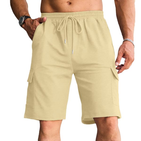 Men's Cargo Shorts Elastic Waist Outdoor Relaxed Fit Sport Shorts Jogger Lightweight Hiking Shorts with Pockets Beige