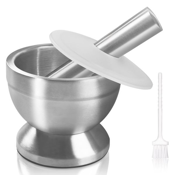 Pestle and Mortar Set, Sopito Stainless Steel Mortar Bowl and Pestle with Lid and Anti Slip Base for Herbs, Pills and Spices, 10cm(3.9") Diameter