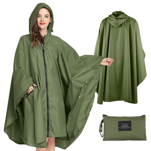 SOPPY Lightweight Waterproof Rain Poncho for Women Men, Windproof Reusable Ripstop Breathable Raincoat with Hood for Outdoor Activities Quick Dry Hooded Raincoat Free Size - Army Green