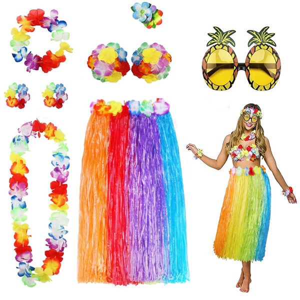 PHOGARY 8 Pack Hula Skirt Costume Accessory Kit for Hawaii Luau Party - Dancing Hula with Flower Bikini Top, Hawaiian Lei, Hibiscus Hair Clip, Pineapple Sunglasses for Women (Multicolor)