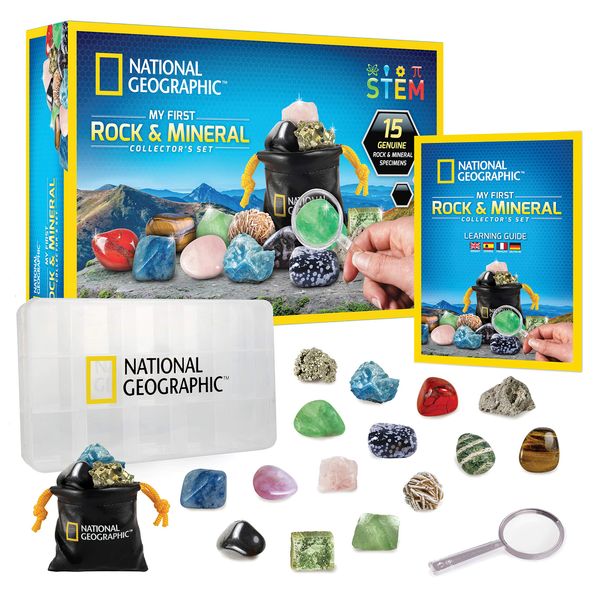 NATIONAL GEOGRAPHIC Rock & Mineral Collection - Rock Collection Box for Kids, 15 Rocks and Minerals, Desert Rose, Agate, Rose Quartz, Jasper, Tiger's Eye, A Great Science Kit, Easter Basket Stuffers