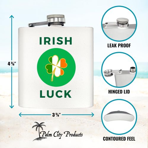 Palm City Products Irish Luck 6 oz Flask White – Clover design for Whiskey, Compact Hip Flask, Irish Pride Accessories, Shamrock Gift for Men, St Patrick's Day Gift Idea