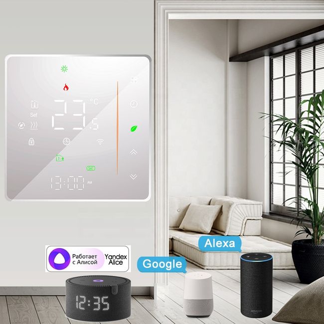 WiFi Smart Heat Pump Room Thermostat Temperature Controller 4.8 inch Color LCD Screen Programmable Touch Control/ Mobile App/ Voice Control Compatible