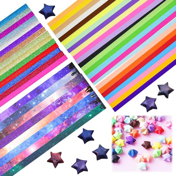 EMAGEREN 1436 Sheets Origami Star Paper Strips Craft Folding Paper Rainbow and Starry Sky Pattern Lucky Star Strips Coloured Paper Decorative Folding Paper Glitter Origami Paper for DIY Art Crafts