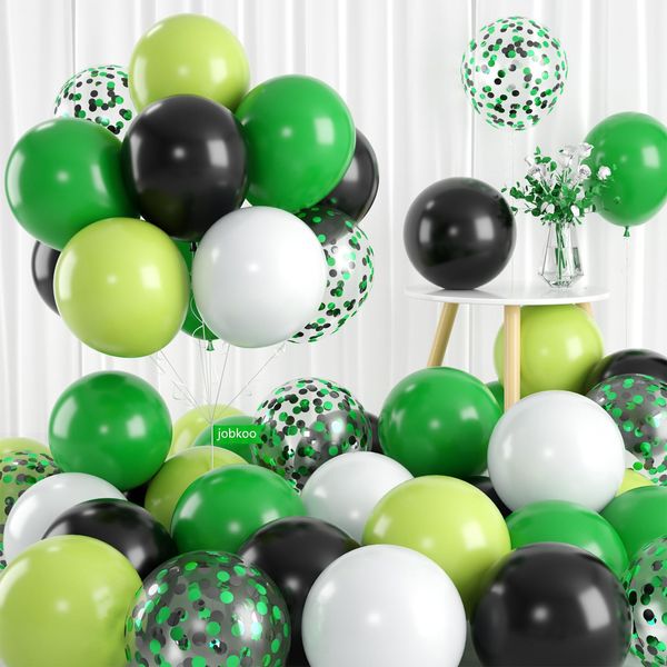 Green Black and White Balloons, 60 PCS Green and Black Balloons Set with Green Black White Confetti Balloons, Lime Green Balloons 12 Inch for Video Game Football Theme Party Kids Birthday Decorations