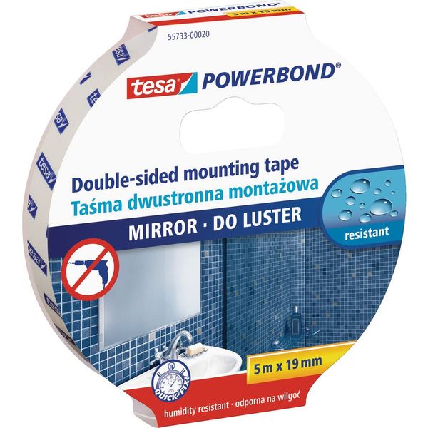 tesa Powerbond MIRROR - Double-Sided Mounting Tape for Mirrors - Humidity-Resistant Adhesive Tape for Bathrooms and Showers - 5 m x 19 mm