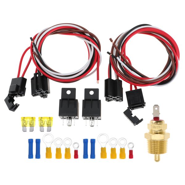 Dual Electric Fan Wiring Kit Dual Electric Fan Relay Kit with Thermostat Radiator Fan Temperature Sensor Switch 185 On 175 Off, Electric Cooling Fan Thermostat Kit 4 Pin, 40 AMP Waterproof Relay Kit