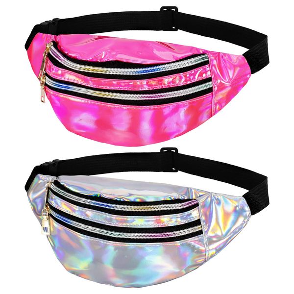 Firtink 2 Pack Shiny Bumbag,Holographic Waist BagFanny Pack Double Zipper Belt Bag Festival Rave Bumbags Waterproof Hip Pouch for Ladies Women Ladies Girls Travel Party Sports Running Hiking