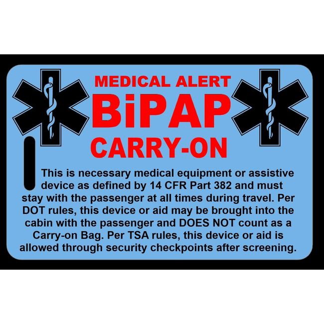 Sky Blue Carry-On BiPAP  Bag Tag - TSA - Sleep Apnea