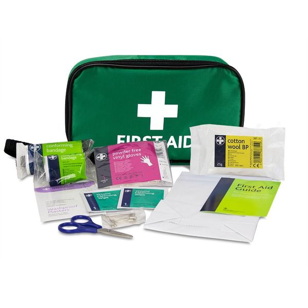 Reliance Medical - (REL416) Handy Travel First Aid Kit, Travel Pouch With, Bandages, Cotton Wool Balls, Gloves, Plasters, Safety Pins, Scissors, Slick Bag And Cleansing Wipes (Green)