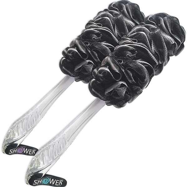 Loofah-Charcoal Back-Scrubbers 2-Pack-by-Shower-Bouquet: Long-Handle Bath-Sponge-Brushes with Extra Large Soft Mesh for Men & Women - Exfoliate with Full Pure Cleanse in Bathing Accessories