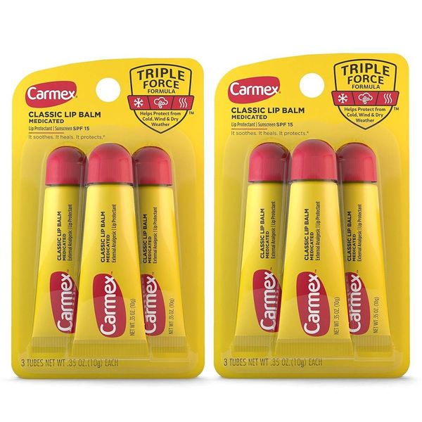 Carmex Medicated Lip Balm Tube Lip Moisturizer for Dry, Cracked Lips 9.9g (0.35oz) (2 packs of 3)