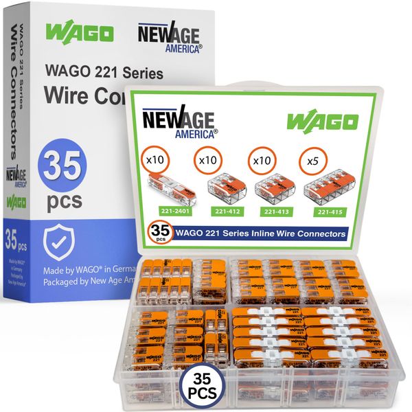 WAGO 221 Series 35pc Lever Nuts | Includes (10x 221-2401), (10x 221-412), (10x 221-413), (5X 221-415) | Compact Splicing Wire Connectors Assortment Pack | 221 Series Assortment with Case