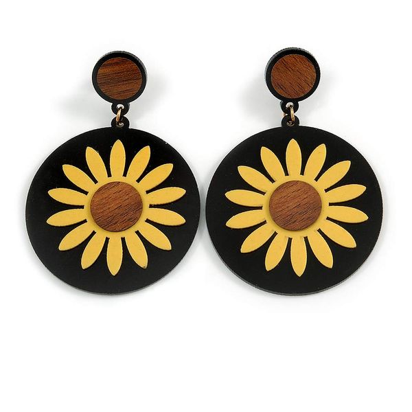 Yellow Flower Round Acrylic Drop Earrings/ 70mm L
