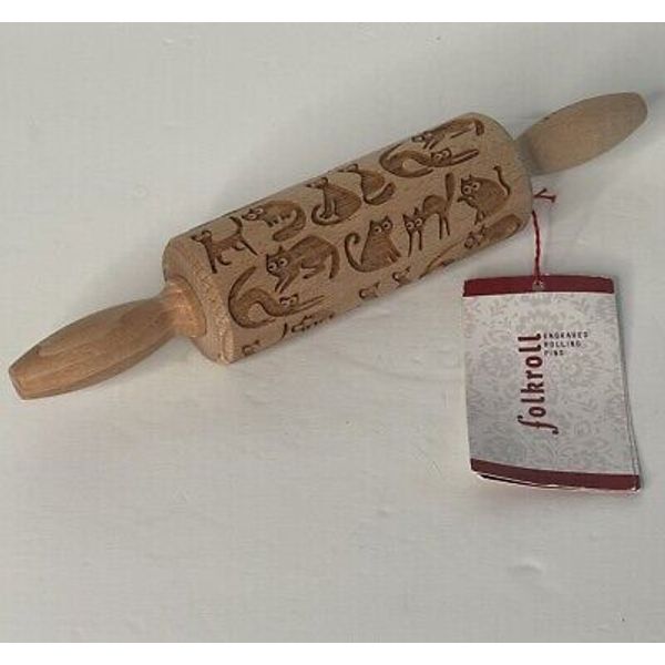 Folkroll Wooden Engraved Rolling Pin Cat Kitty 9” New