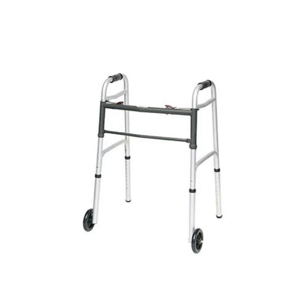 Compass Health Adult Dual 2-Button Folding Walker 5" Wheels WKAAW2B New