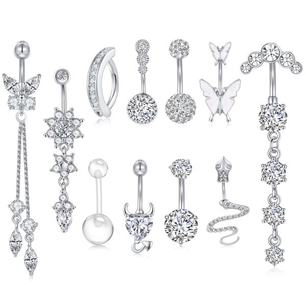 WAINIS 11PCS 14G Surgical Steel Belly Button Ring for Women Belly Piercing Dangling Cute CZ Butterfly Navel Rings Pack