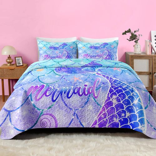 Pamnest Quilt Set Twin Size, Blue Mermaid Tail 2 Pcs Soft Bed Cover Bedding Set for Kids and Adults, Cartoon Underwater Lightweight Bedspread Coverlet with Pillow Sham for All Season