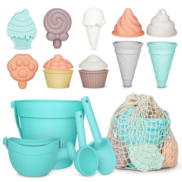 MarcZero 17Pcs Silicone Beach Toys,Modern Baby Beach Toys,Travel Friendly Beach Set,Silicone Bucket, Watering Can, Shovel, 12 Sand Molds, Beach Bag,Silicone Sand Toys for Toddlers, Kids (Mint Green)