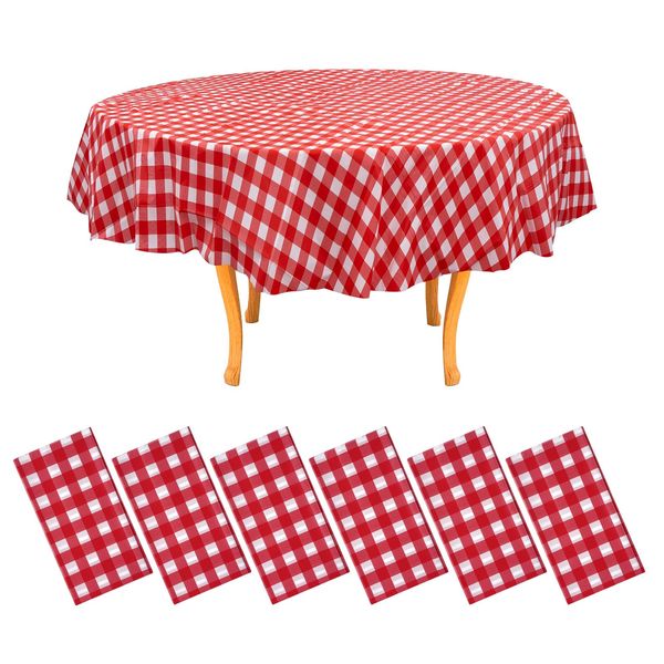 Amatra 6-Pack Round Plastic Tablecloth Disposable 84" - Red Checkered 130g Extra Thick Plastic Table Covers - Wipeable Tablecloths for Round Table - Waterproof Table Cloths for Indoor & Outdoor Events