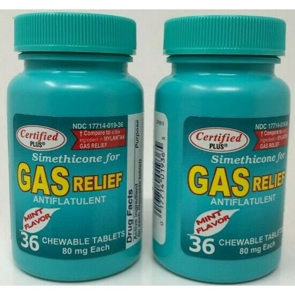 2-PK Assured Simethicone Gas Relief Chewable Tablets 80mg Anti-Gas Bloating 72CT