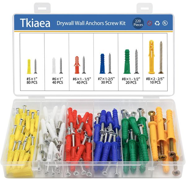 Tkiaea Drywall Anchors and Screws Kit 220Pcs, 110 Drywall Anchors, 110 Drywall Screws, Includes 6 Different Size