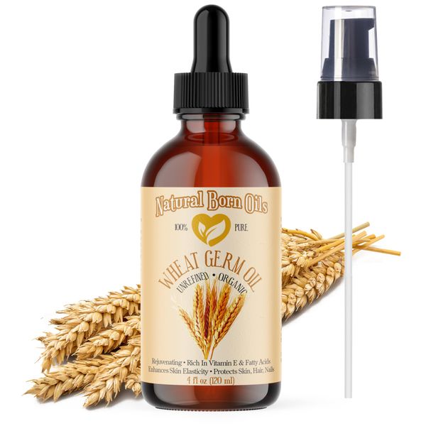 Natural Born Oils Wheat Germ Oil. 4oz. 100% Pure, Natural, Organic, Cold-pressed, Unrefined, Rejuvenating, Rich in Vitamin E. Moisturizer for Skin Hair