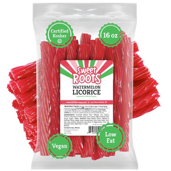 Sweet Roots Watermelon Licorice Twists (16 oz / 1 Bag) - JUMBO Size - Made with Real Fruit Juice Concentrate - Certified Kosher - Vegan - Fat Free