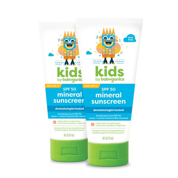 Babyganics SPF 50 Kids Sunscreen Lotion | UVA UVB Protection | Octinoxate & Oxybenzone Free | Water & Sweat Resistant, 6 Fl Oz (Pack of 2)