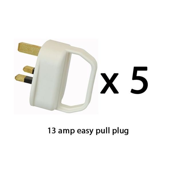 Easy Pull Mains Plug Top 13A Amp White Fused with a handle - arthritis / disability / weak grip / elderly - x5 pack of five