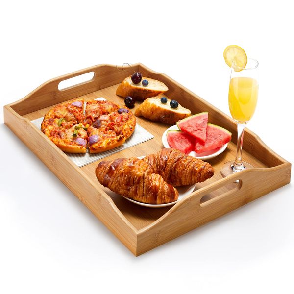 Extra Large Bamboo Serving Tray Food Tray with Handles, Multi-Use Tray for Food, Drinks, Coffee, Fruit, Wooden Snack Tray Used in Kitchen, Restaurants, Wedding, Party by Pipishell (20x14x2.6 inch)